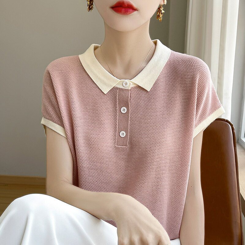 現貨+預購 針織衫短袖毛衣-POLO領拼接天絲清爽女上衣6色74lc21【獨家進口】【米蘭精品】