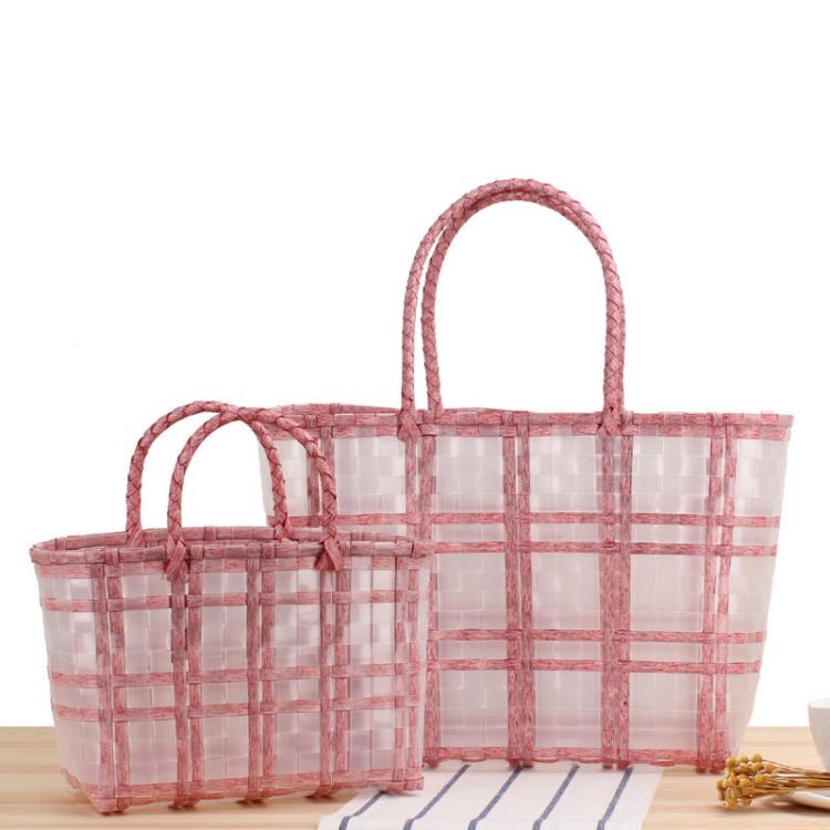 籃子 購物籃格子條紋手拎菜籃子透明防水塑料沙灘手工編織包購物袋