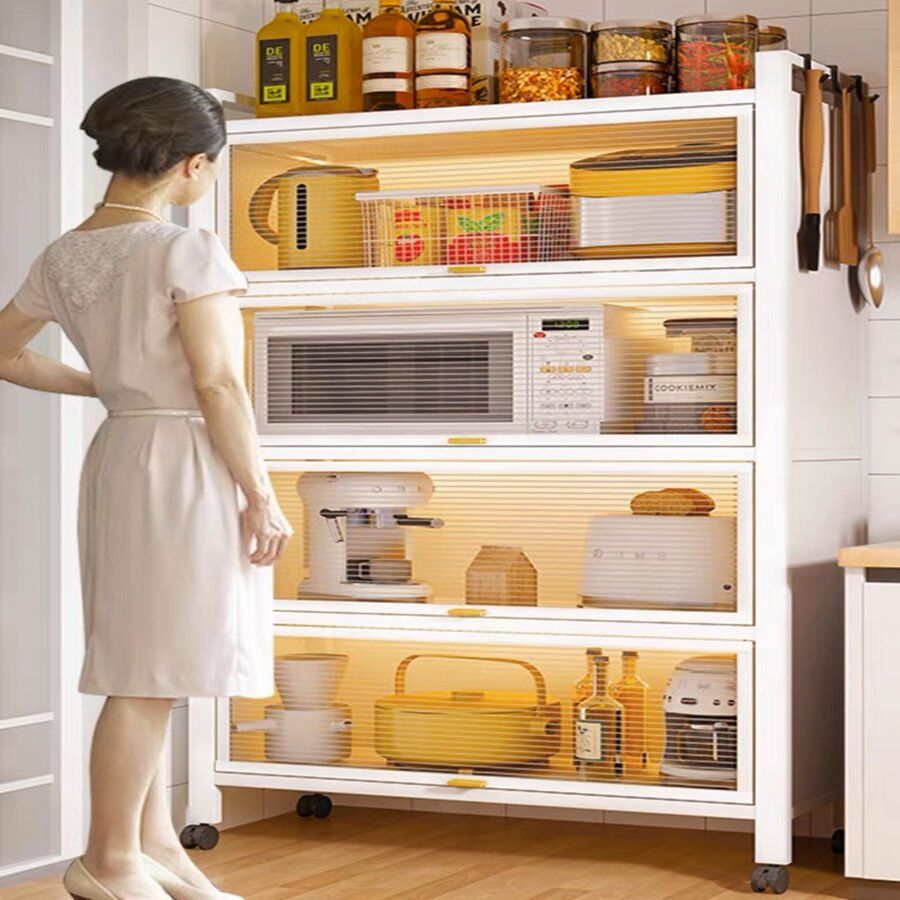 帶柜門廚房置物架落地多層儲物柜多功能微波爐櫥柜鍋碗烤箱收納架