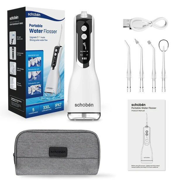 【美國代購】Schoben 便攜式口腔沖洗器 USB 充電式水牙線牙科噴水器 330ML 水箱 IPX7 防水牙齒清潔器
