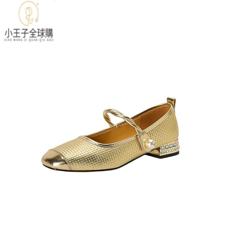 【公司現貨速發】免運 開發票 小短靴 堆堆靴 真皮女鞋 羊皮鞋 小皮鞋 樂福鞋升級珍珠跟頭層編織金屬頭層牛皮秋圓頭低跟一字帶瑪麗珍單鞋 定製