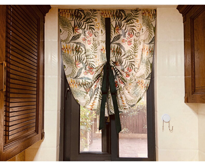 【優選百貨】窗紗簾北歐綠色幾何植物美式復古提拉簾廚房 5