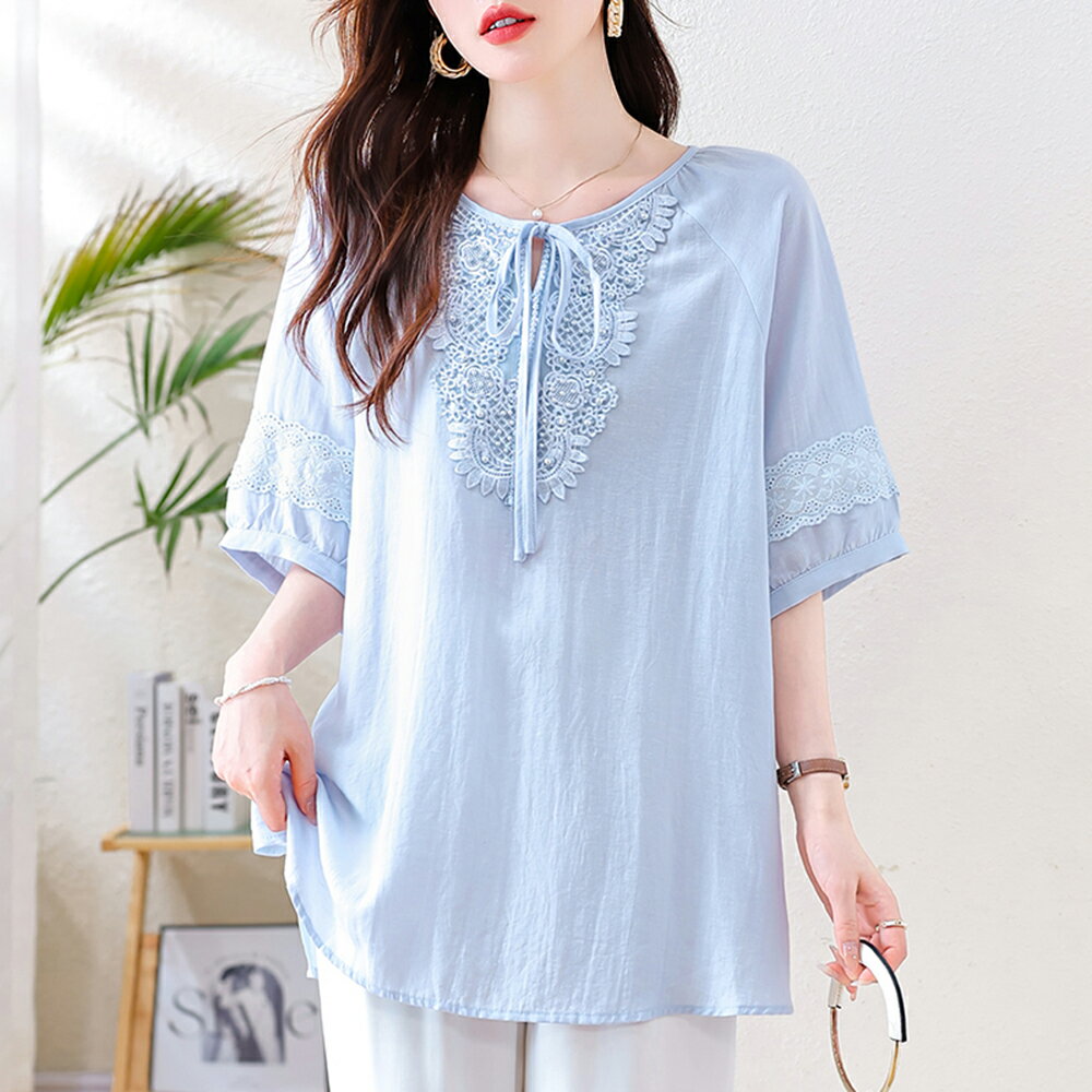＊ORead＊蕾絲雪紡襯衫上衣(天藍色M~4XL)
