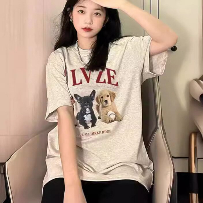 跨境字母小狗印花短袖T恤女夏季新款韓版學院風寬松白灰色上衣女