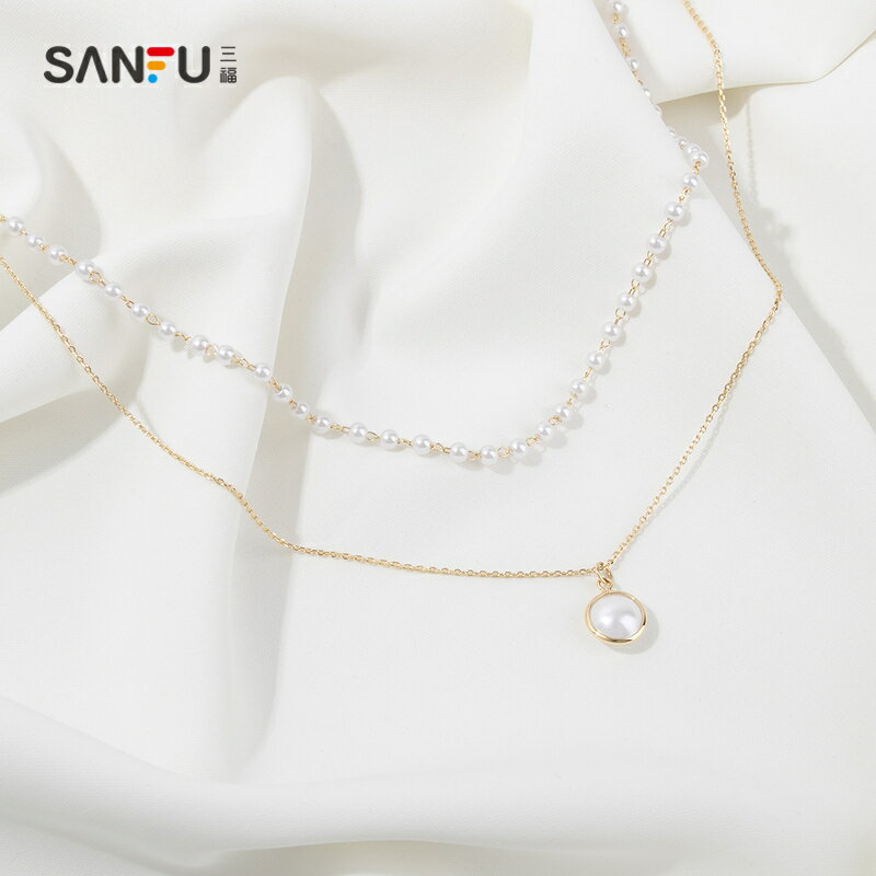 三福清新清新珍珠雙層項鏈 創意設計感小眾氣質鏈子 801200