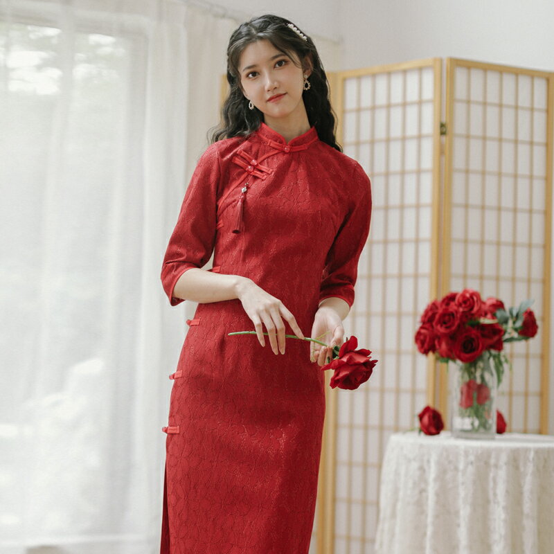 中國風紅色改良版旗袍結婚禮服氣質夏裝2021新款復古蕾絲連衣裙女