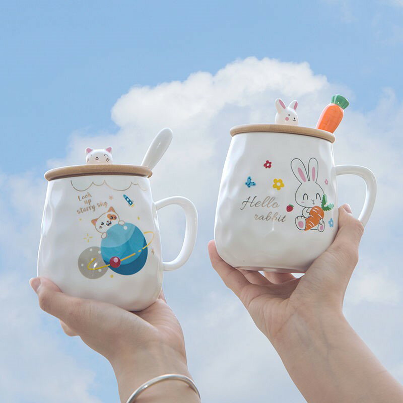 馬克杯女生可愛卡通陶瓷創意水杯子宿舍早餐牛奶咖啡杯情侶帶蓋勺