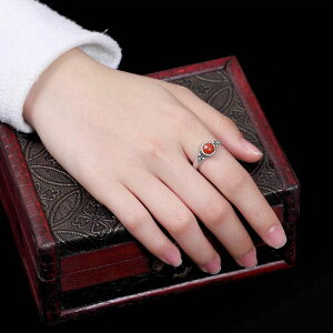 S925純銀復古啞光鑲嵌南紅瑪瑙女士開口百搭銀戒指指環