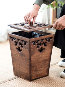 泰國復古創意木質垃圾桶家用客廳臥室收納桶廚房新中式實木紙簍