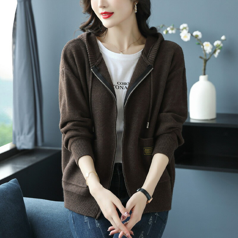 外套 女裝 休閒外套 時尚外套 保暖外套  連帽毛衣外套女寬鬆拉鍊針織開衫2025秋季女裝帶帽衛衣春秋外搭潮 0