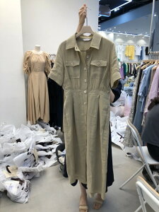 韓國夏季復古時尚寬松短袖系扣翻領百搭中長女士連身裙