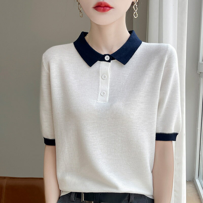 現貨+預購 針織衫短袖毛衣-拼色領POLO衫天絲女上衣5色74lc37【獨家進口】【米蘭精品】