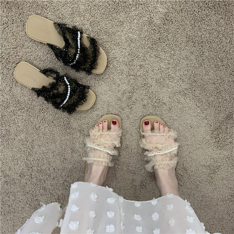 小仙女韓代款串珍珠2022年夏季新款法式溫柔平底鞋涼拖拖鞋女鞋子