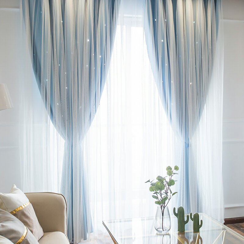 韓式網紅公主風少女創意窗簾雙層鏤空星空全遮光蕾絲飄窗臥室客廳