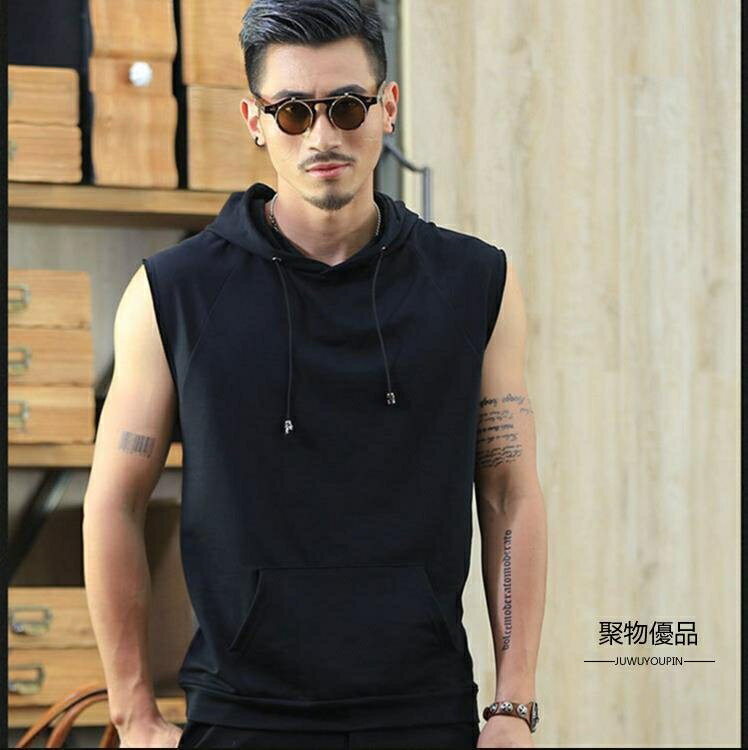無袖衛衣帽衫夏季馬甲薄款連帽背心男帶帽無袖T恤男【聚物優品】 1