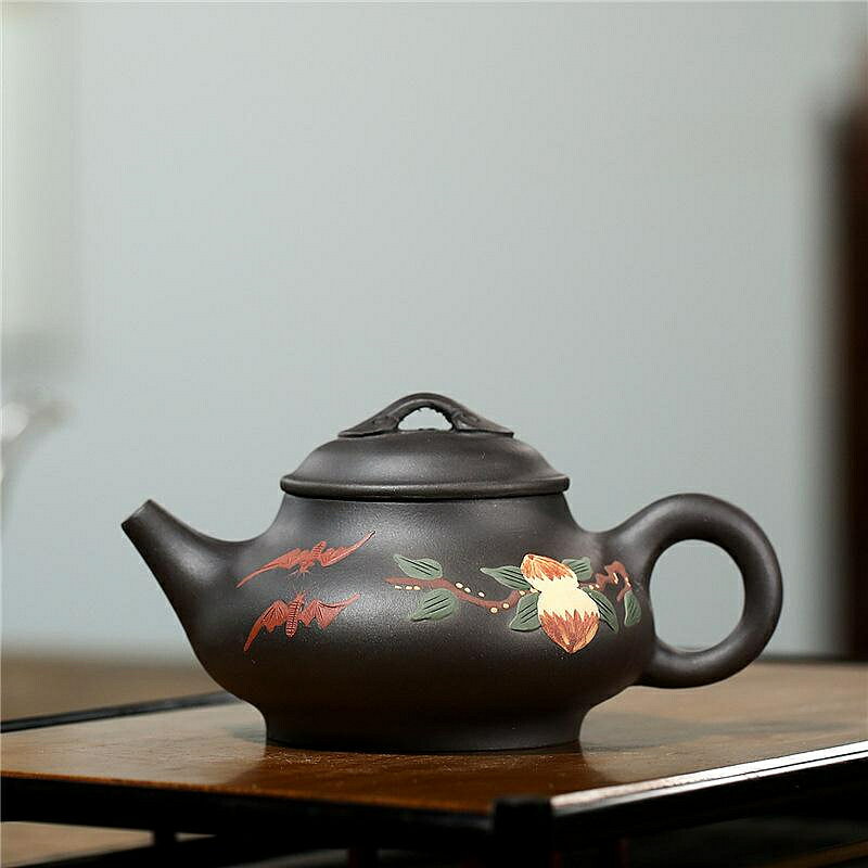 【百貨屋二號】宜興紫砂壺原礦黑泥壽桃如意茶壺手工家用茶具（千砂）