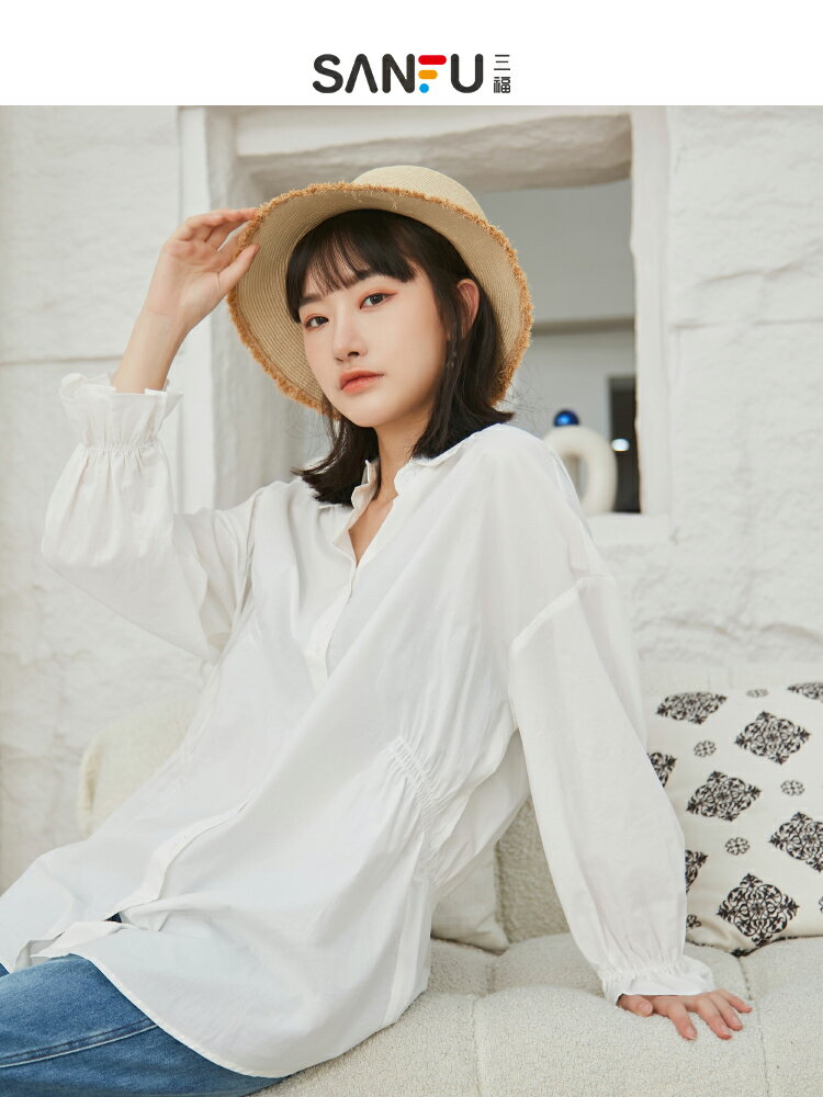 三福上衣夏季韓版休閑氣質設計感寬松長款純棉襯衫女裝439108