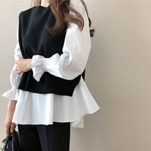 中大尺碼女裝~秋季新款 兩件式素面襯衫+針織馬甲 顯瘦百搭大尺碼上衣 1