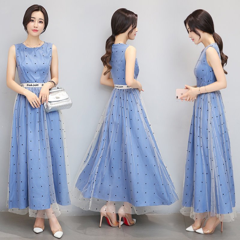 FINDSENSE G5 韓國時尚 無袖 拼接 網紗 名媛 藍色 波點 長裙 連身裙