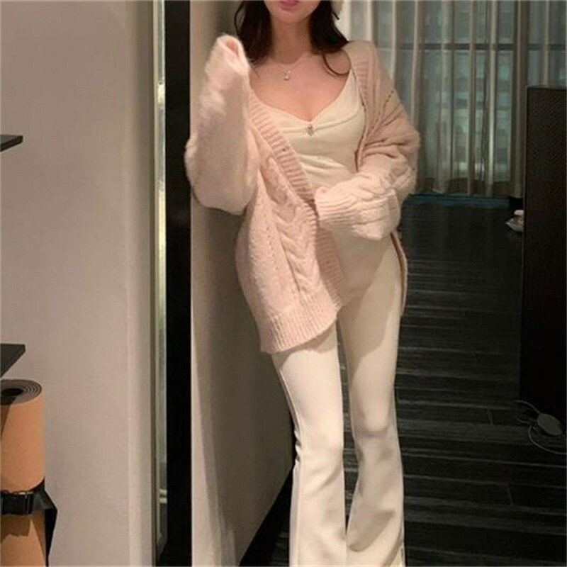 外套 女裝 休閒外套 時尚外套 保暖外套  2025新款時尚粉色v領毛衣外套女秋冬寬鬆慵懶麻花仿貂毛針織開衫 3