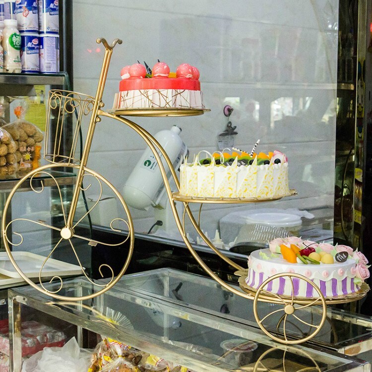 蛋糕甜品展示架 婚慶蛋糕架多層甜品臺店鋪櫥窗擺件金色鐵藝自行車三層裝飾展示架