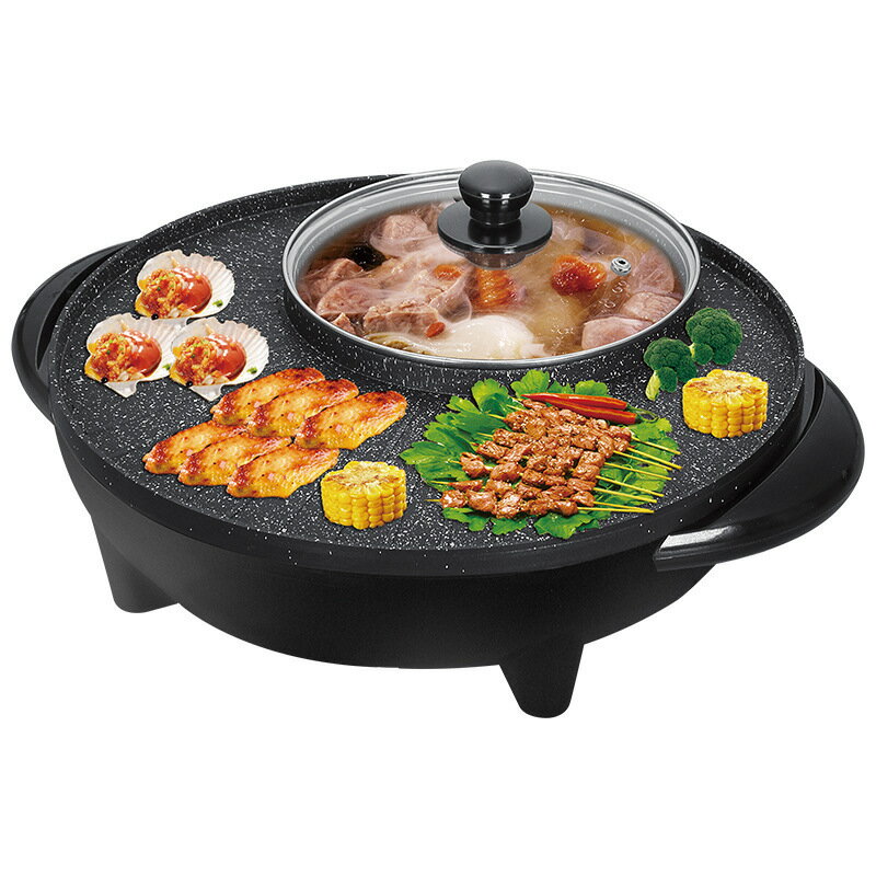 新品免運 烤盤 110V/涮烤一體鍋麥飯石電熱鍋韓式涮烤一體鍋34CM日月鍋