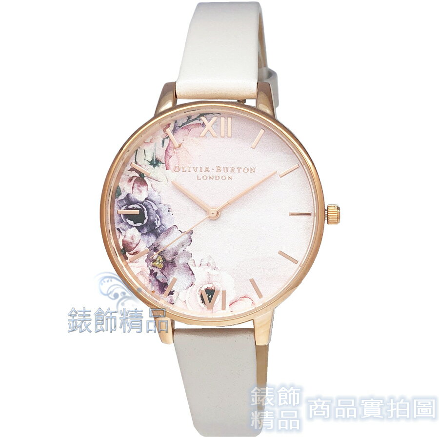 【錶飾精品】OLIVIA BURTON OB16PP31 花園水彩粉底 玫金框 淺灰色皮帶女錶