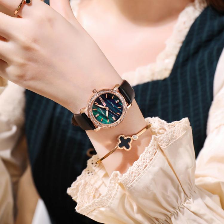 新款時尚2022女生手表雙日歷水鉆皮帶石英女士韓版網紅鋼夜光
