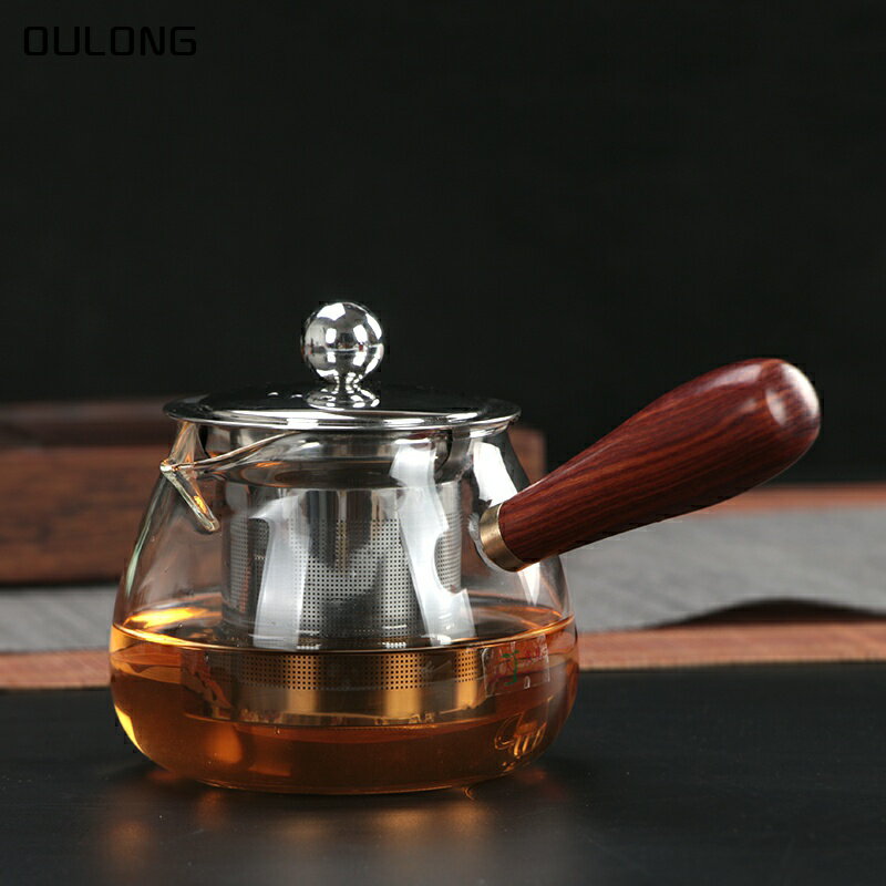 耐熱玻璃花茶壺側把花梨木功夫紅茶泡不銹鋼過濾綠茶壺茶杯沖茶器
