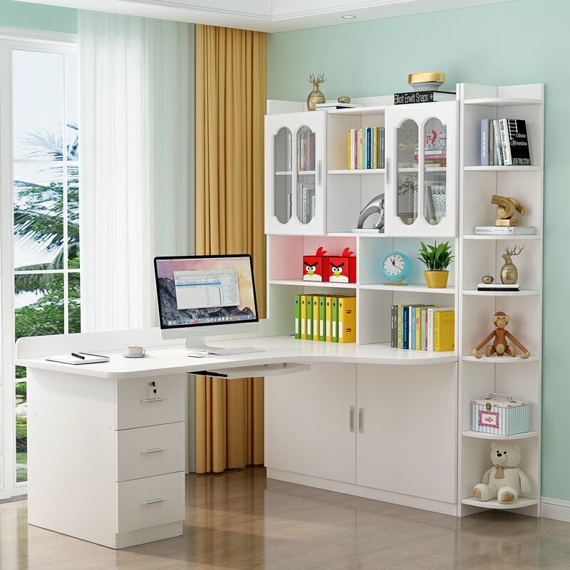 實木書桌書架組合轉角電腦桌臺式書櫃一體簡約臥室拐角學習寫字桌