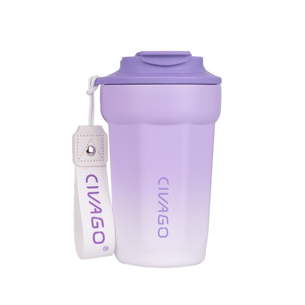 【CIVAGO】朵朵陶瓷保溫咖啡杯 漸層款-雲朵 薰衣草紫 384ml 咖啡隨行杯 保溫杯