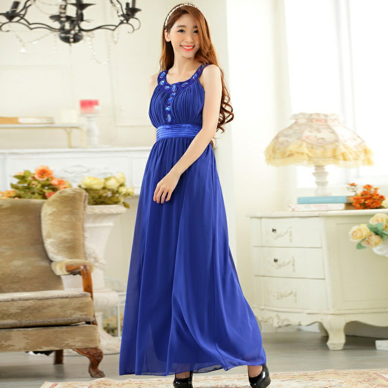 灰姑娘[9627-JK]U領手工釘珠壓褶飄逸腰身長款小禮服雪紡洋裝 ~春夏洋裝~