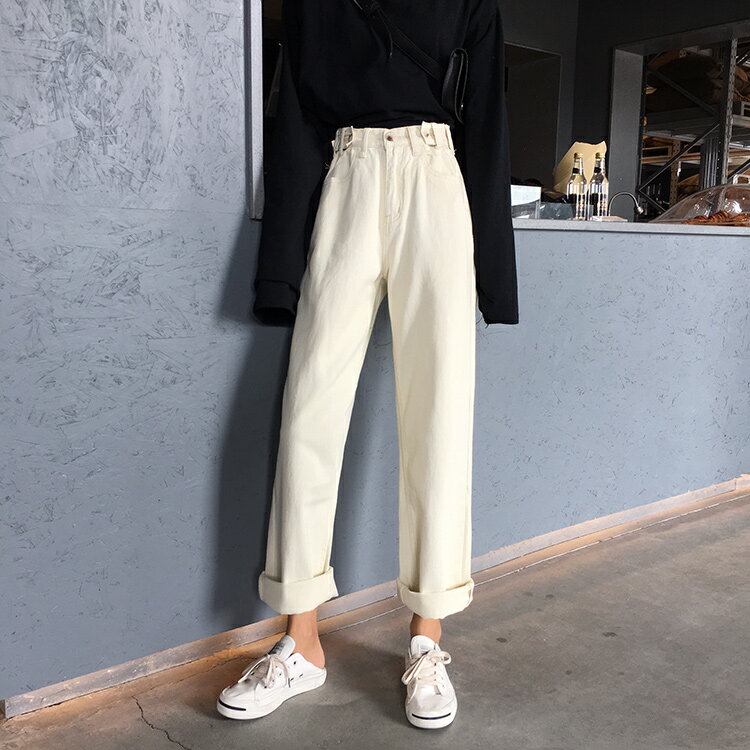 韓版高腰直筒牛仔褲女春季2019新款休閑寬松百搭學生闊腿褲長褲子
