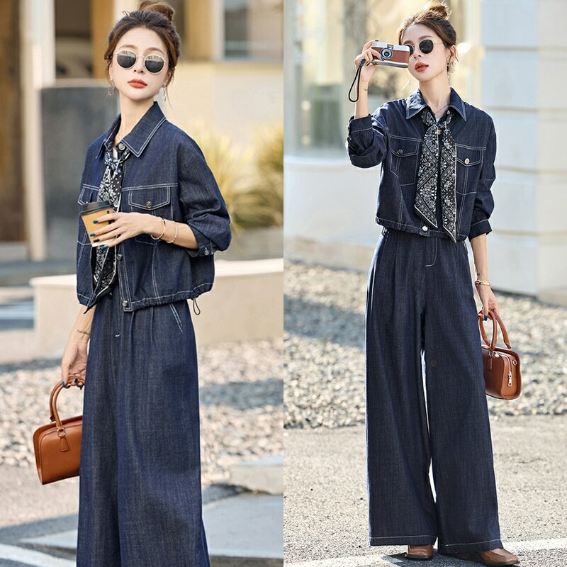 【巴黎精品】現貨+預購 韓風牛仔套裝牛仔外套牛仔褲丹寧夾克女裝-抽繩絲巾闊腿牛仔兩件套2色a1ln49