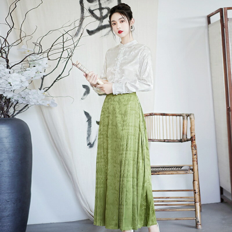 【巴黎精品】現貨+預購 中式套裝兩件式裙裝-中國風綠色素面款簡約馬面裙漢服女裝v1be36