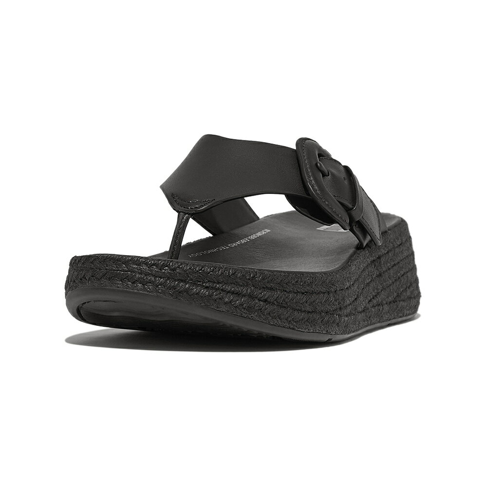 【fitflop】F-MODE 草編調整式扣環皮革厚底夾脚涼鞋-黑色