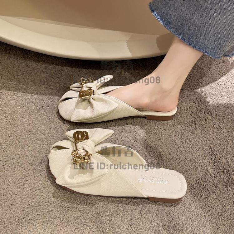 包頭毛毛半拖鞋女夏季外穿韓版蝴蝶結舒適平底軟底涼拖【步行者戶外生活館】