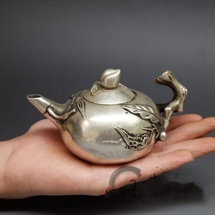 仿古銅器白銅黃銅鍍銀水壺茶壺擺件桃形壺酒壺裝飾禮品古玩收藏品1入