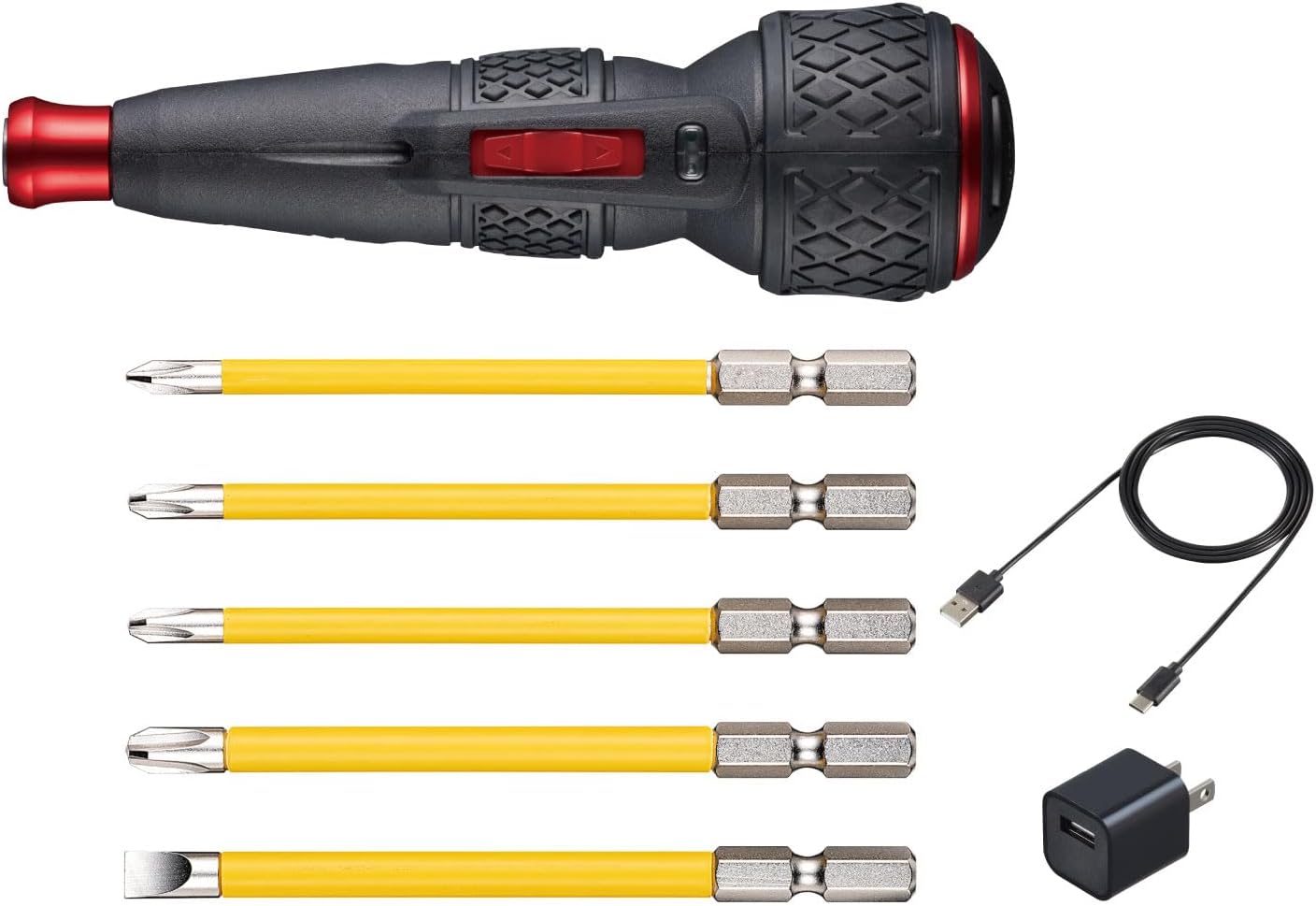 VESSEL 電動螺絲起子 220USBC-5 USB Type-C充電式 6.35mm六角軸 含5支起子頭 紅色 日本製