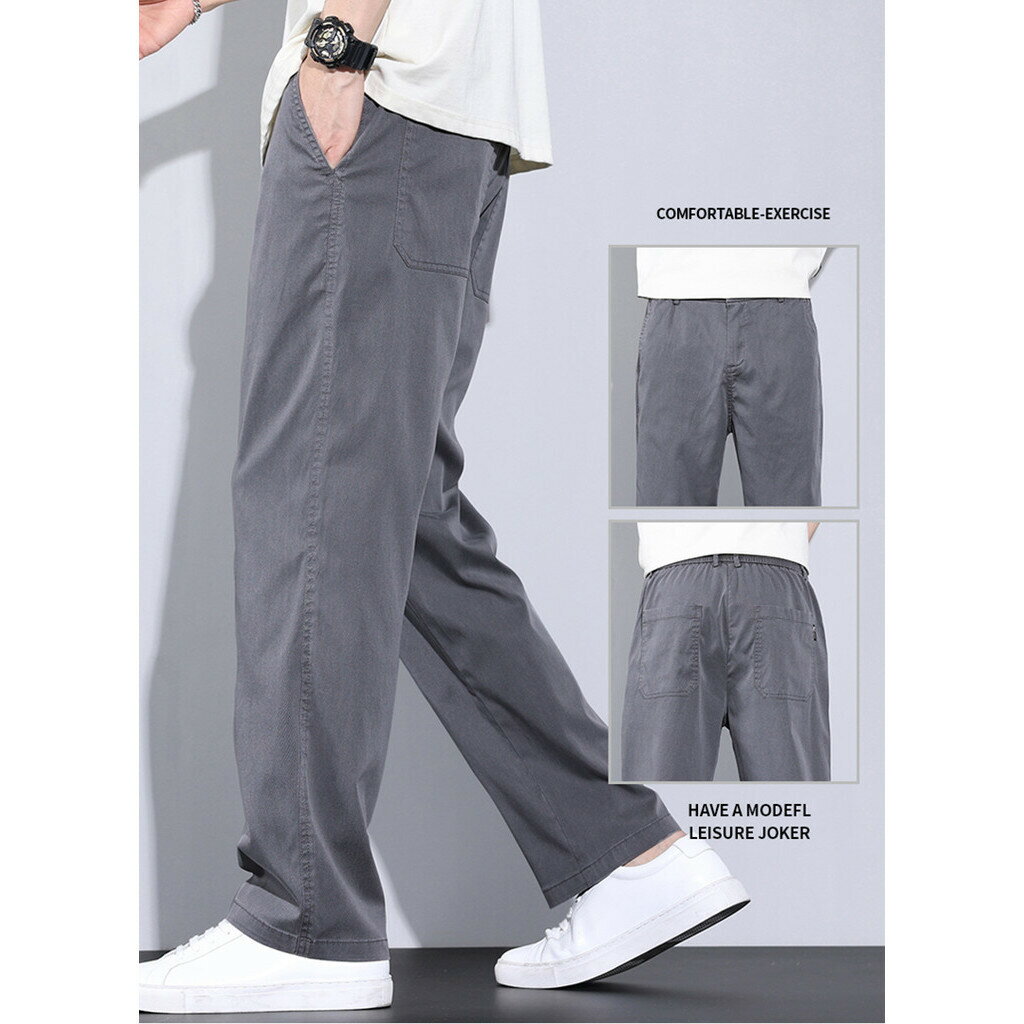2024夏季冰絲休閒褲 男士寬鬆直筒寬褲透氣冰絲男款長褲