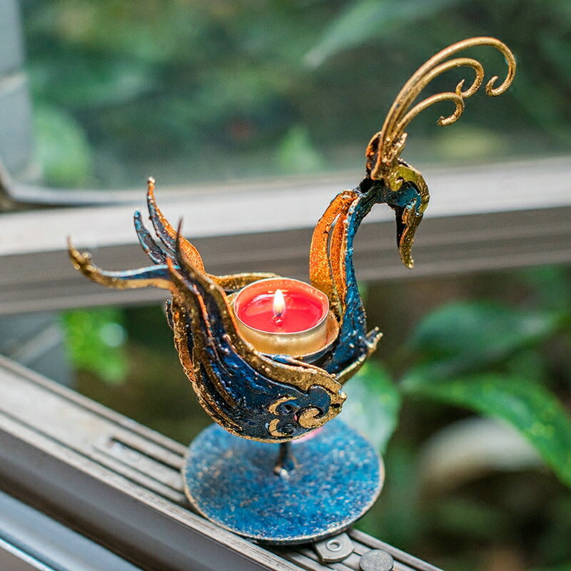 泰國進口鐵藝燭臺禪意輕奢新中式仿古蠟燭臺鳳凰spa養生會所裝飾