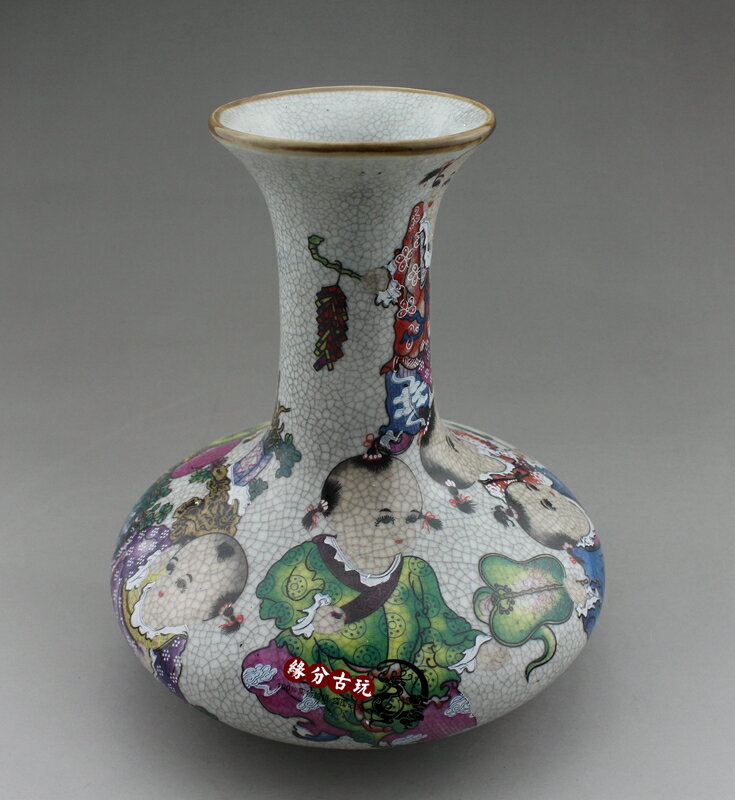 景德鎮陶瓷器 仿古官窯開片裂紋嬰戲花瓶 古典現代家飾品客廳擺件1入