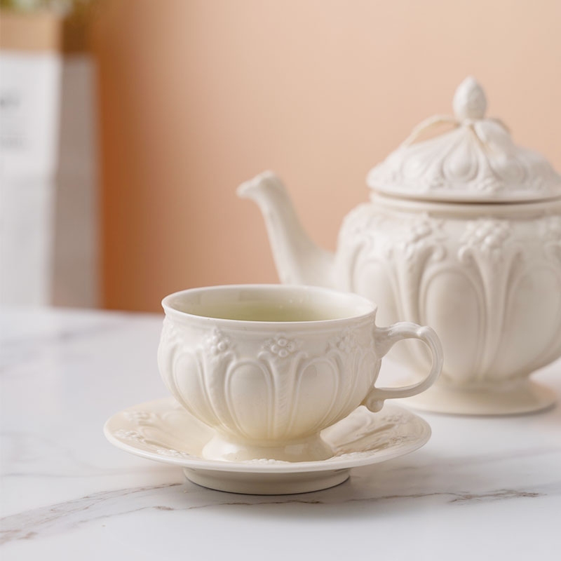 法式花園復古奶油色浮雕陶瓷咖啡杯碟歐式宮廷英式下午茶紅茶杯