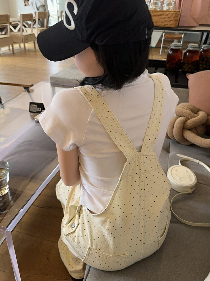 淺杏色甜美減齡背帶褲波點高腰闊腿牛仔褲女秋季新款寬松顯瘦長褲【淘夢屋】