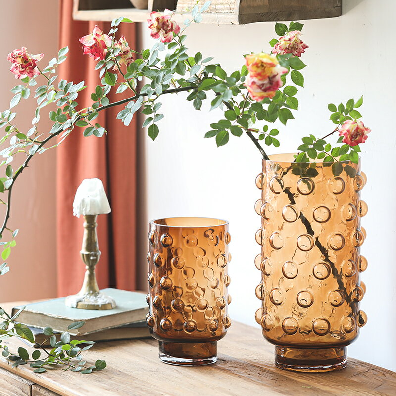 氣泡球敞口直筒玻璃花瓶擺件客廳插花水養棕色復古設計感裝飾花器