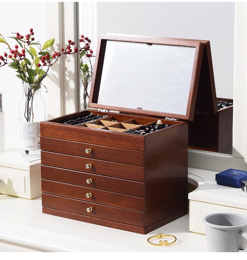耳釘耳環項鏈首飾盒飾品收納盒大容量木質抽屜式家用珠寶盒化妝鏡