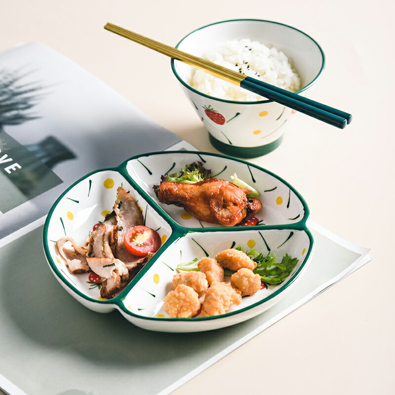網紅陶瓷日式分餐盤家用定量分隔餐具創意盤子兒童早餐三格分格盤