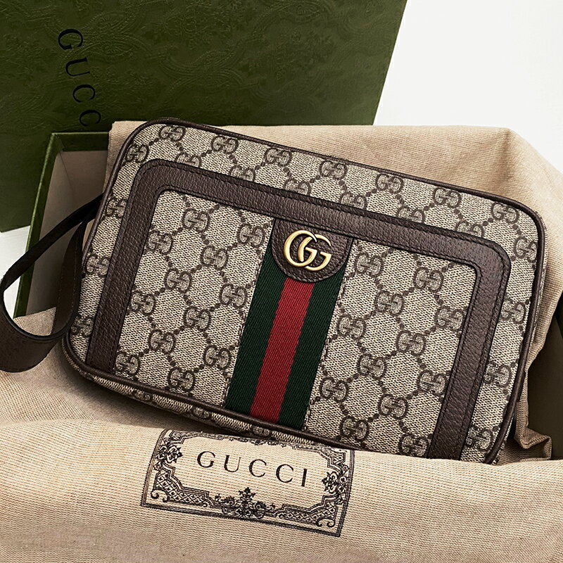 美國百分百【全新真品】Gucci 皮包 手拿包 GG 綠紅織帶 隨身包 歐洲精品 經典 logo印花 咖啡 CZ34