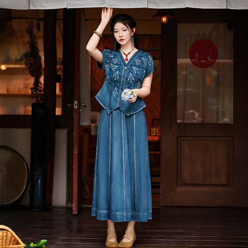 現貨+預購 新中式休閒套裝連身長裙裝(復古重工刺繡牛仔女裝74ku86)【獨家進口】【米蘭精品】