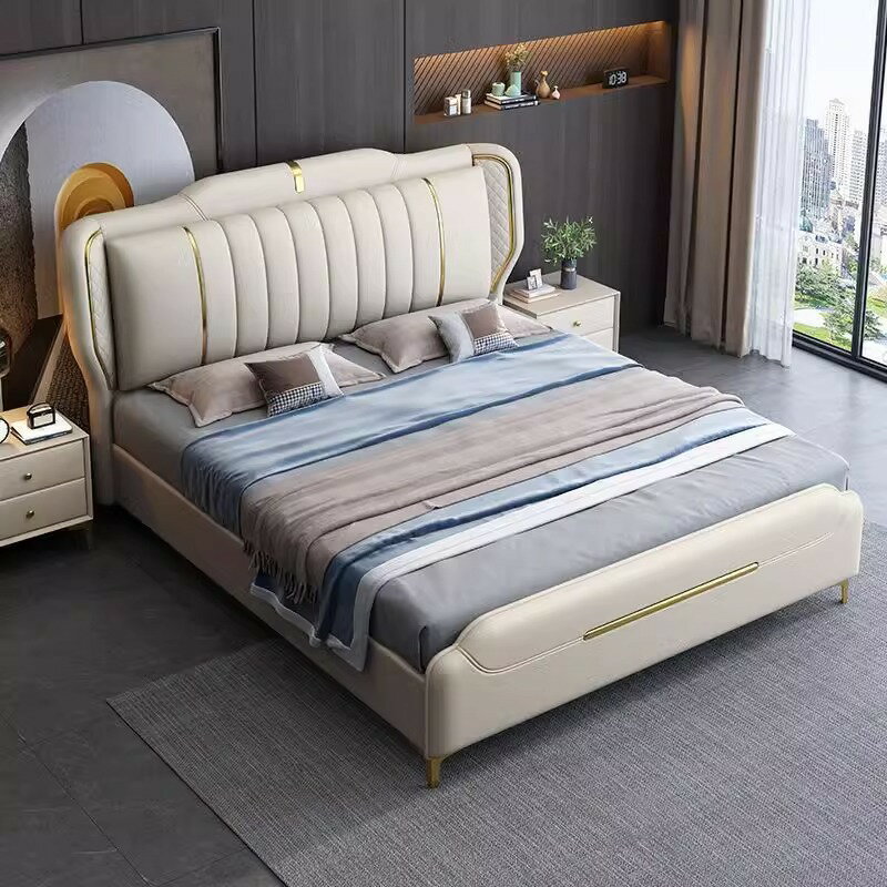 優樂悅~輕奢皮床1.8米雙人床現代簡約風床主臥婚床歐式儲物床1.5米真皮床